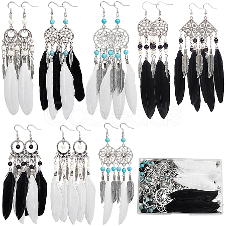 DIY Woven Net/Web with Feather & Synthetic Turquoise & Magnesite & Alloy Dangle Earring Making Kits DIY-SC0028-19-1
