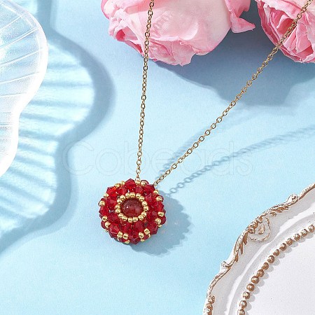 Natural Carnelian(Dyed & Heated) & Glass Seed Beaded Flat Round Pendant 304 Stainless Steel Cable Chain Necklaces NJEW-MZ00129-07-1