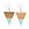 Resin & Walnut Wood Triangle Dangle Earrings, Golden Iron Long Drop Earrings, Medium Turquoise, 57x30.5mm