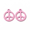 Spray Painted 201 Stainless Steel Pendants, Flat Round with Peace Sign Charm, Pearl Pink, 15x12.5x1mm, Hole: 1.4mm