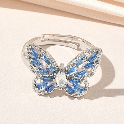 Adjustable Brass Butterfly Finger Rings with Light Blue Cubic Zirconia CU-CBA7E55-18P-02-1