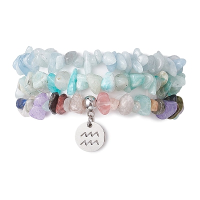 3Pcs 3 Styles Natural Aquamarine & Flower Amazonite Chips Stretch Bracelets Sets BJEW-JB11076-01-1