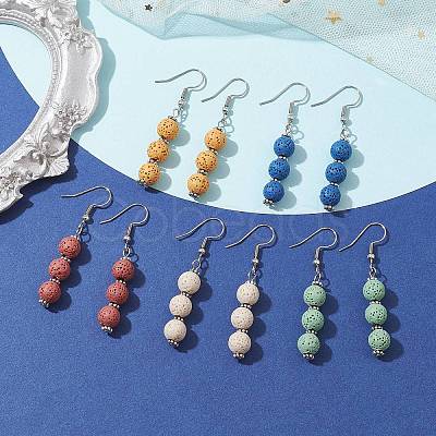 Dyed Nature Lava Rock Round Beaded Dangle Earrings for Women EJEW-JE05636-1