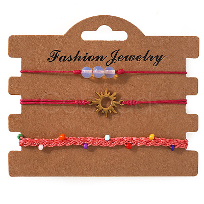 3Pcs 3 Styles Round Natural Gemstone & Glass Seed Beads Braided Bracelets & Stainless Steel Link Bracelets Set XI5712-7-1