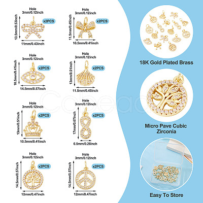 16Pcs 8 Styles Brass Micro Pave Cubic Zirconia Pendants KK-TA0002-30-1