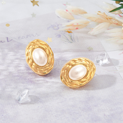 1 Pair ABS Plastic Pearl Oval Stud Earrings EJEW-FI0002-21-1