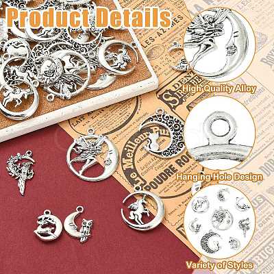 80Pcs 8 Styles Moon Theme Tibetan Style Alloy Pendants FIND-CJ0005-60-1