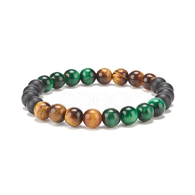 Natural Tiger Eye & Black Agate Round Beaded Stretch Bracelet BJEW-SZ0002-52A-1