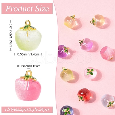 24Pcs 12 Colors Transparent Glass Apple Pendants DGLA-YW0001-46-1