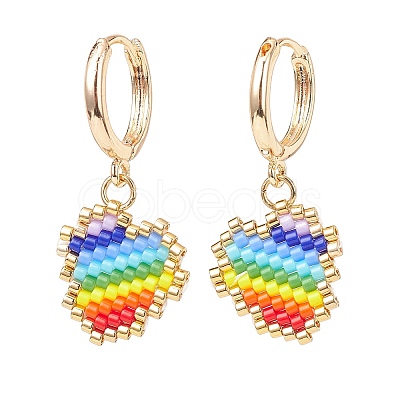 Rainbow Color Japanese Seed Braided Heart Dangle Hoop Earrings EJEW-MZ00004-1