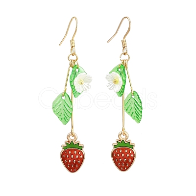 Strawberry Alloy Enamel & Acrylic Leaf Dangle Earrings EJEW-JE06625-1