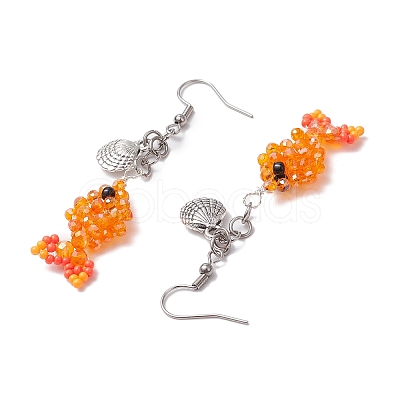 Fish with Shell Shape 304 Stainless Steel Glass Beads Dangle Earrings EJEW-MZ00436-1