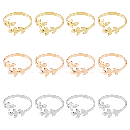 12Pcs 3 Colors Alloy Leafy Branch Open Cuff Finger Rings Set for Women RJEW-HY0001-02-1