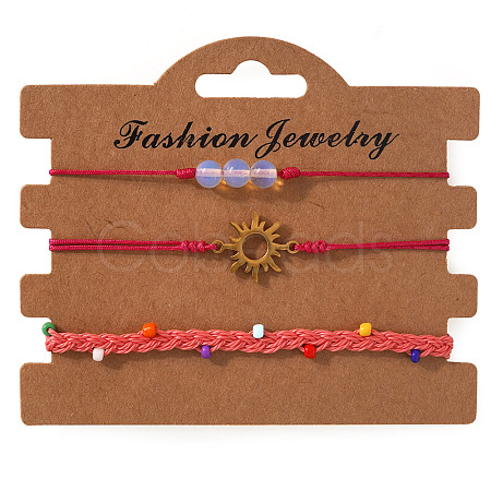 3Pcs 3 Styles Round Natural Gemstone & Glass Seed Beads Braided Bracelets & Stainless Steel Link Bracelets Set XI5712-7-1