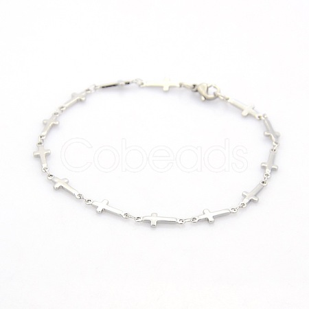 Tarnish Resistant Religious Catholic Jewelry 304 Stainless Steel Cross Link Chain Bracelets STAS-O036-09P-1