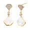 Brass Micro Pave Clear Cubic Zirconia Dangle Stud Earring, with Shell, Fan, Nickel Free, Real 18K Gold Plated, 26x13mm, Pin: 0.8mm