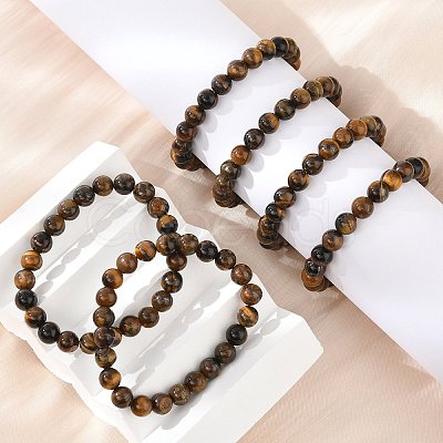 Natural Tiger Eye Round Beaded Stretch Bracelets BJEW-F203-04-1