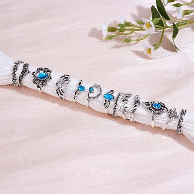 13Pcs 13 Style Aquamarine Rhinestone Tortoise & Elephant & Lotus & Crown Finger Rings Set JR939A-1