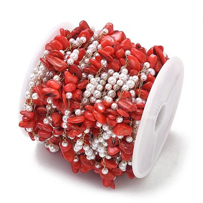 Handmade Natural Shell & ABS Imitation Beaded Chains CHS-F025-13G-03-1