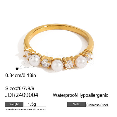 304 Stainless Steel Micro Pave Clear Cubic Zirconia with Plastic Plastic Pearl Finger Rings FS-WGBE181-11-1