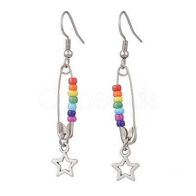 Chakra 304 Stainless Steel Glass Star Dangle Earrings EJEW-JE06788-1
