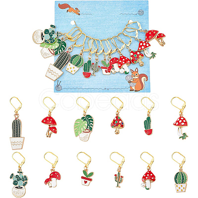 12Pcs 12 Style Cactus & Leaf & Mushroom Alloy Enamel Locking Stitch Markers HJEW-PH01501-1