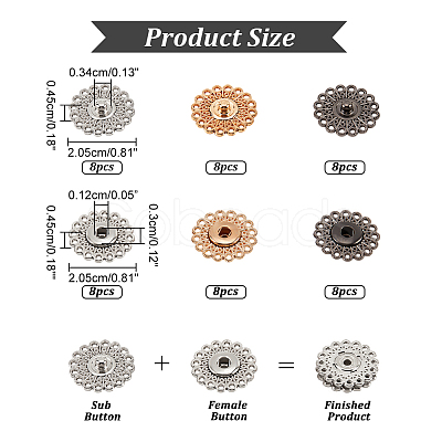 24 Sets 3 Colors Zinc Alloy Snap Buttons FIND-NB0003-68-1