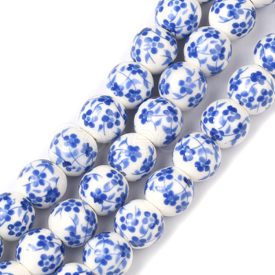 Handmade Flower Printed Porcelain Ceramic Beads Strands PORC-M006-8mm-10-1