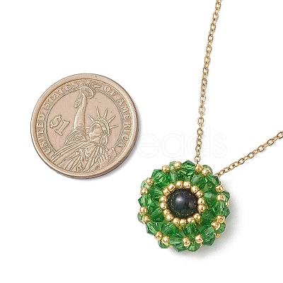 Dyed Natural Green Tiger Eye & Glass Seed Beaded Flat Round Pendant 304 Stainless Steel Cable Chain Necklaces NJEW-MZ00129-05-1