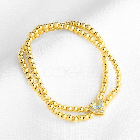 Brass Pave Cubic Zirconia Heart Round Beaded Stretch 2-Strand Bracelets for Women WG63F7B-02-1