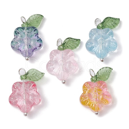 10Pcs 5 Color Transparent Glass Flower & Acrylic Leaf Pendants PALLOY-JF02287-01A-1