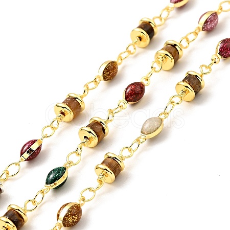 Natural Tiger Eye Column & Colorful Enamel Horse Eye Link Chain CHC-G017-03G-1