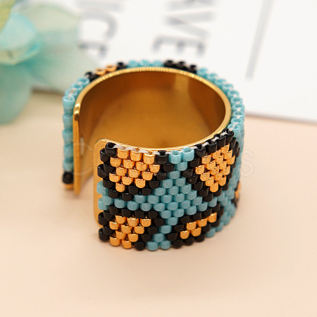 Adjustable Bohemian Style 304 Stainless Steel and Glass Seed Beads Cuff Rings FS-WG09053-05-1