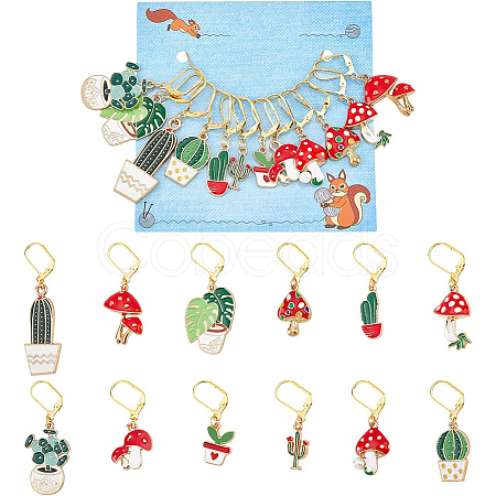 12Pcs 12 Style Cactus & Leaf & Mushroom Alloy Enamel Locking Stitch Markers HJEW-PH01501-1