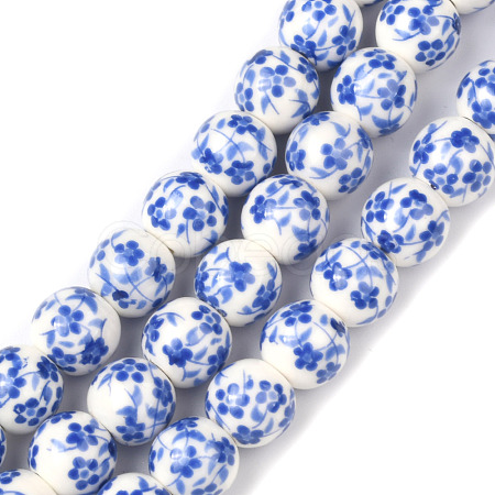 Handmade Flower Printed Porcelain Ceramic Beads Strands PORC-M006-8mm-10-1