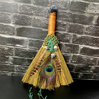 Straw Witch Altar Broom Display Decoration with Raw Natural Labradorite Chips WG15595-05-1