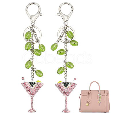 2Pcs Alloy Rhinestone Wine Glass Charm with K9 Glass Bead Keychains KEYC-OC00010-1