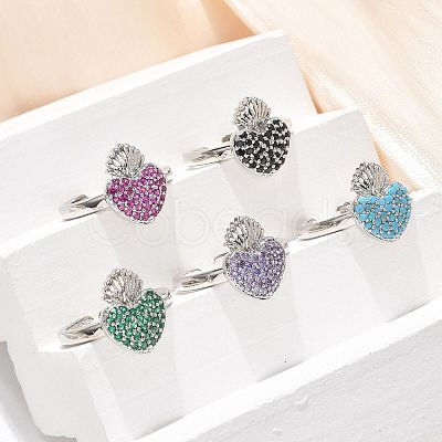 Sacred Heart Brass Micro Pave Cubic Zirconia Cuff Rings for Women RJEW-B117-01P-1