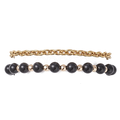 2Pcs 2 Styles Round Natural Obsidian & Synthetic Hematite Beaded Bracelets & 304 Stainless Steel Cable Chains Bracelets for Women BJEW-JB12800-02-1