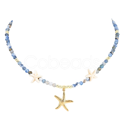 Synthetic Turquoise & Dyed Natural Agate Faceted Round Beaded Starfish 304 Stainless Steel Pendant Necklaces for Women NJEW-JN05458-02-1