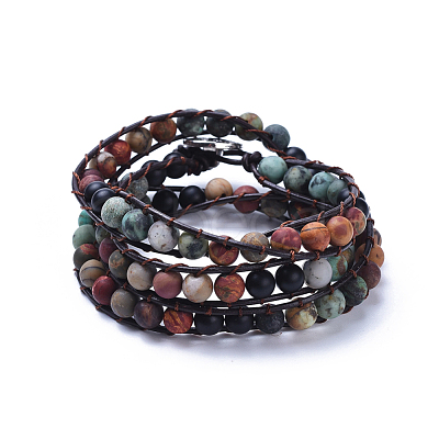 Three Loops Frosted Natural Gemstone Beads Wrap Bracelets BJEW-JB04246-1