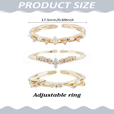 3Pcs 3 Styles Brass & Rhinestone & ABS Imitation Pearl Cuff Rings for Women RJEW-LP0010-02-1