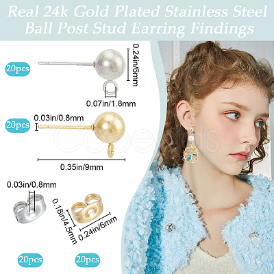 40Pcs 2 Styles 304 Stainless Steel Round Ball Post Stud Earring Findings STAS-BBC0004-79-1