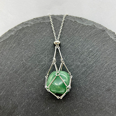 Natural Green Aventurine Nuggets Macrame Pouch Pendant 201 Stainless Steel Chain Necklaces FS-WG7A779-03-1