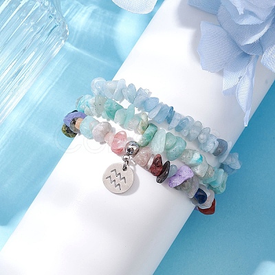 3Pcs 3 Styles Natural Aquamarine & Flower Amazonite Chips Stretch Bracelets Sets BJEW-JB11076-01-1