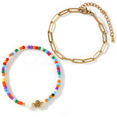 2Pcs 2 Styles Glass Seed Beads & Natural Shell & 304 Stainless Steel Beads Stretch Bracelest & Brass Paperclip Chain Bracelets Set for Women GY4605-1-1