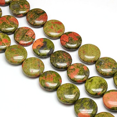 Natural Flat Round Unakite Beads Strands G-L246-13-1