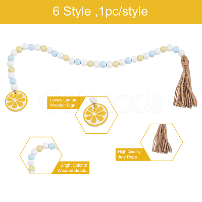 Crafans 6Pcs 6 Style Wood & Fringed Beaded Pendant Decoration HJEW-CF0001-15-1