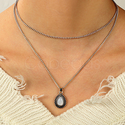 Teardrop Alloy Pave White Resin Pendant Double Layer Necklaces for Women FS-WG4C5DE-01-1