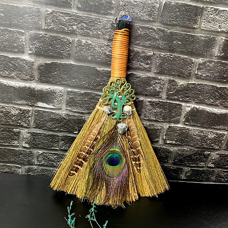 Straw Witch Altar Broom Display Decoration with Raw Natural Labradorite Chips WG15595-05-1
